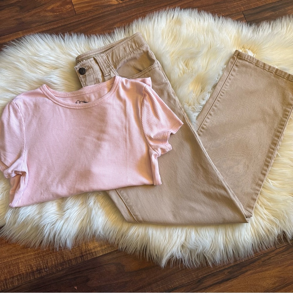 Girls Size XL (14/16) Khaki Pants and Pink Ribbed Short Sleeve Top